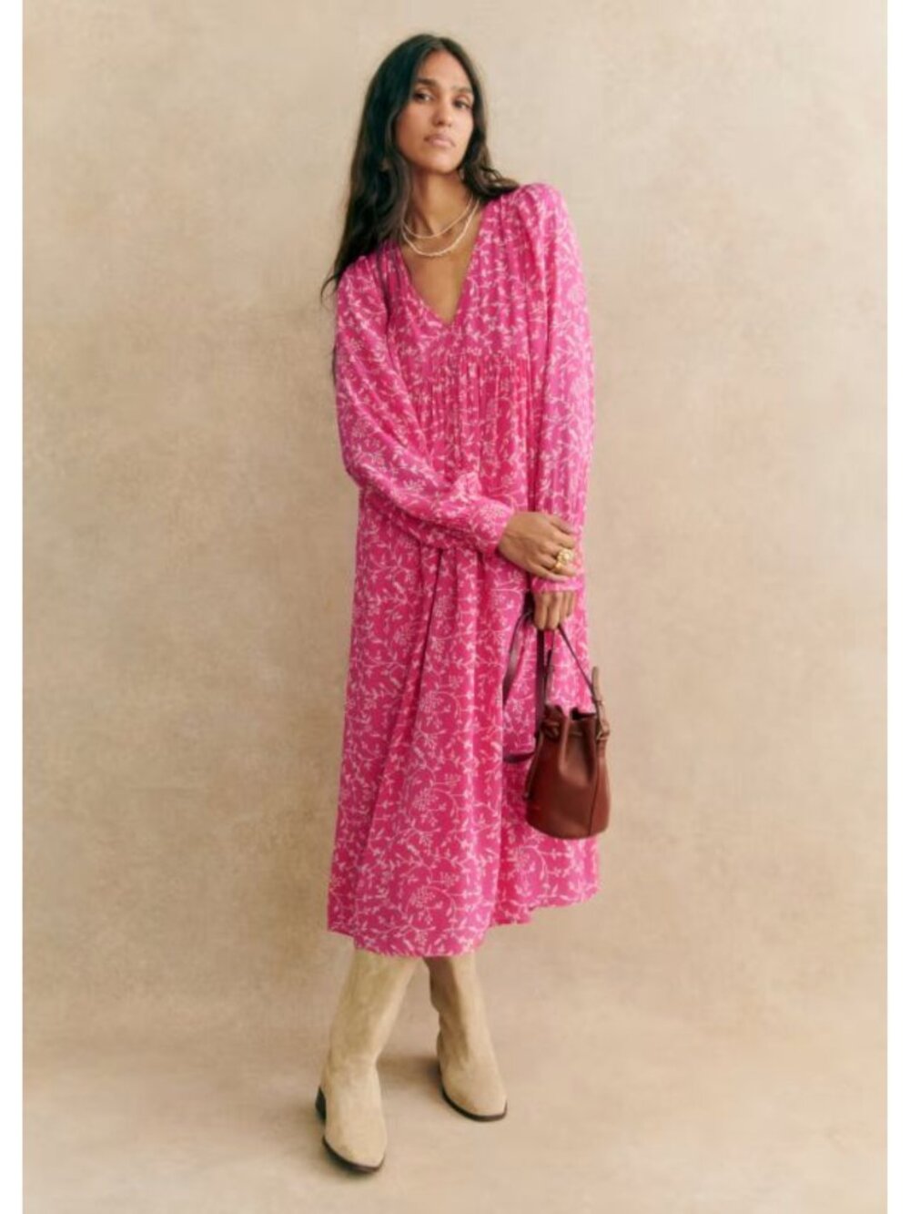NWT SEZANE Nilla Chiffon Two Tone Pink Floral Print Midi Dress Size 42/US 10